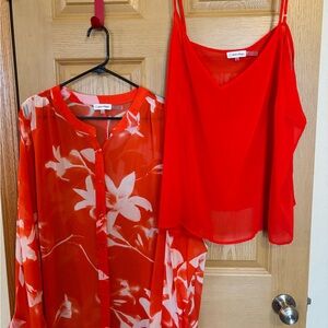 Calvin Klein Bright Orange Floral Sheer Button-Down with Orange Camisole